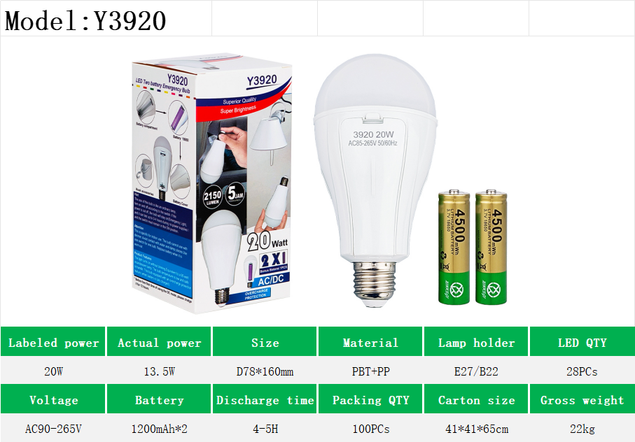 Y3920 Rechargeable Light Bulbs Classic 2 Battery Lamp