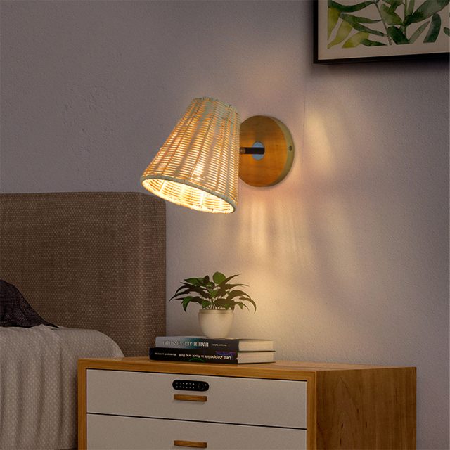 bedside wall light with weaving rattan lamp shade - Image 2