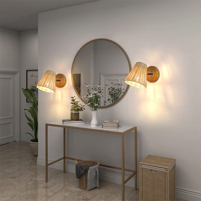 bedside wall light with weaving rattan lamp shade - Image 3