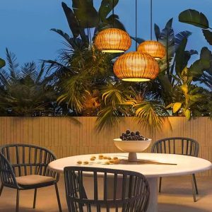 YL-TB11 Round Pendant Lights with Rattan Lampshade
