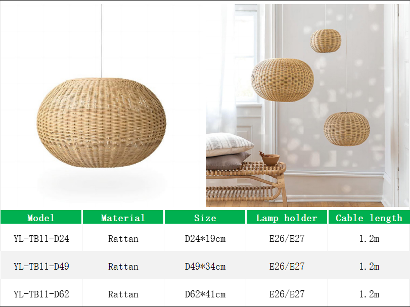 YL-TB11 Round Pendant Lights with Rattan Lampshade