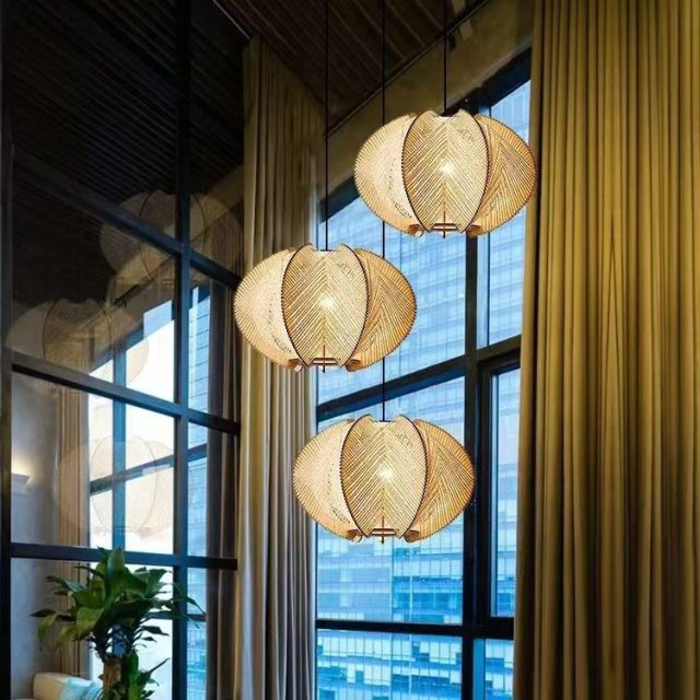 Wood Wooden and Hemp Rope Hand Weaving Pendant Lights with Led Light Bulb