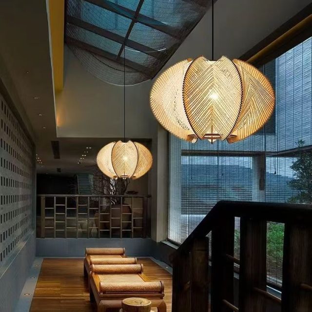 Wood Wooden and Hemp Rope Hand Weaving Pendant Lights with Led Light Bulb - Image 5