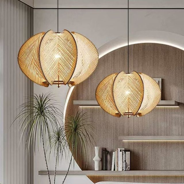 Wood Wooden and Hemp Rope Hand Weaving Pendant Lights with Led Light Bulb - Image 4