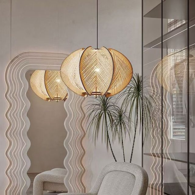 Wood Wooden and Hemp Rope Hand Weaving Pendant Lights with Led Light Bulb - Image 3
