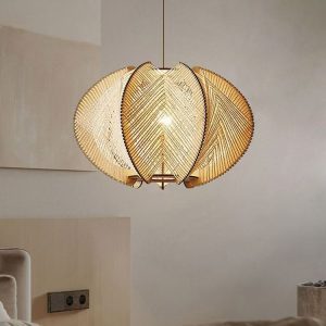 Wood Wooden and Hemp Rope Hand Weaving Pendant Lights with Led Light Bulb