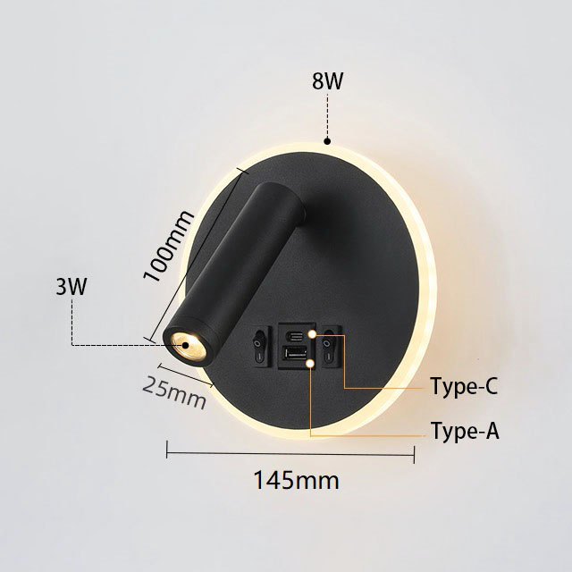 Round Bedside Led Reading Wall Lamps with Type-C USB