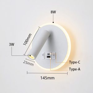 Round Bedside Led Reading Wall Lamps with Type-C USB