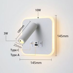 Square Type-C USB Hotel Bedside Reading Wall Lamps