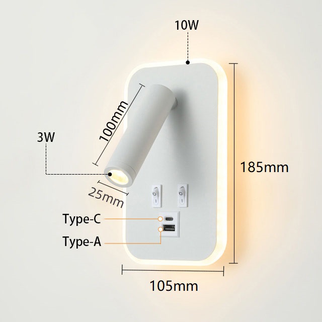 Type-A and Type-C USB Hotel Bedside Led Wall Lamps