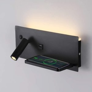 Bedside Led Wall Lamps with Wireless Charger for Mobile Phones and Angle Adjustable Spotlight