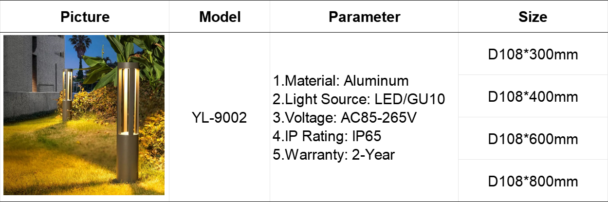 YL-9002 Garden Bollard Light LED or GU10 Light Sourse