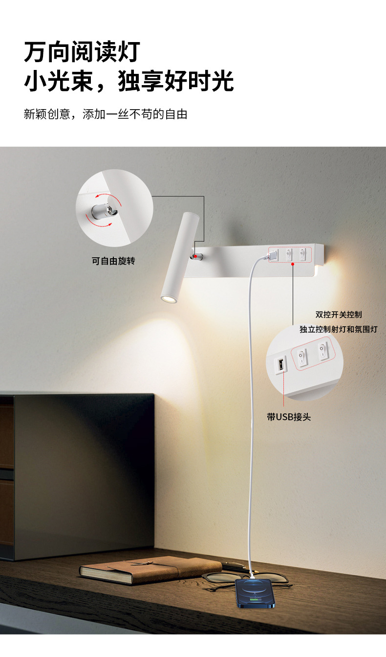 Bedside Reading Wall Lamps with Background Light, USB Charging Port and Angle Adjustable Spotlight