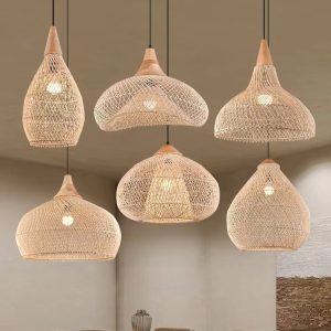 YL-TB33 E27 Chandelier with Wood and Rattan Lampshade